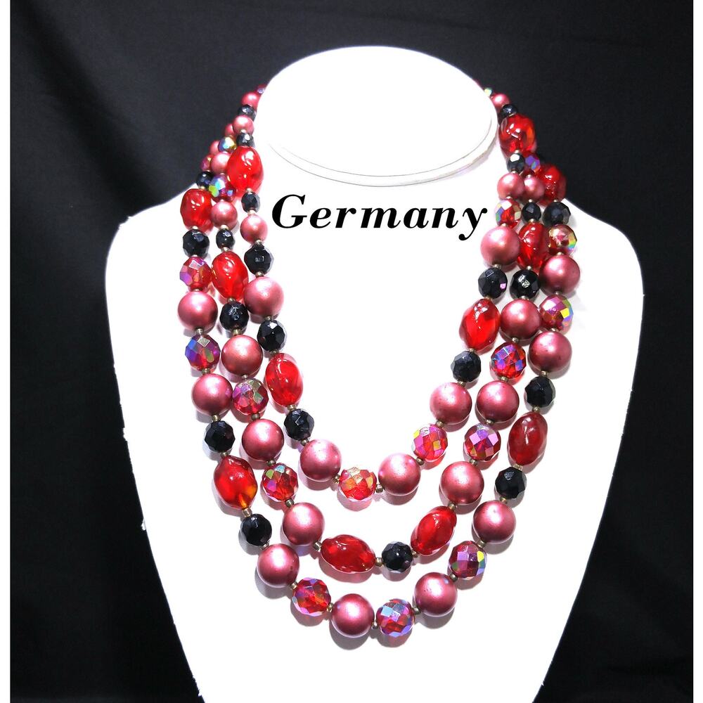 Vintage Germany Red Czech Glass Beaded Necklace 3 Strand Brass Clasp